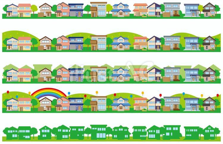 横長背景_新緑の街並みセット 家,フレーム,セットのイラスト素材