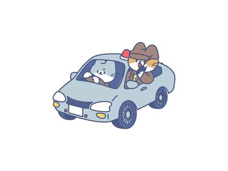 犯人を追う刑事 ねこ,警察,刑事,職業,パトカー,捜査,無線,運転,車,キャラクターのイラスト素材