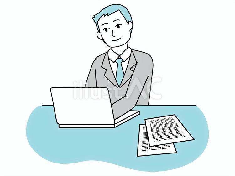 ノートパソコンで仕事をする男性 仕事,男性,線画のイラスト素材
