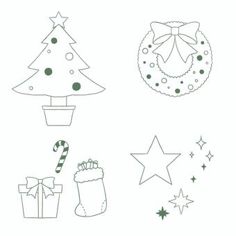 クリスマスの飾り4種セット（線画） クリスマス,ツリー,星,リース,プレゼント,冬,12月,線画,飾りのイラスト素材