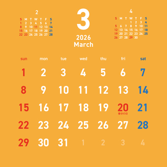 2026カレンダーC3 3月 264 カレンダー,2026年,3月,弥生,march,春分の日,令和8年,日曜始まり,スケジュール,月のイラスト素材