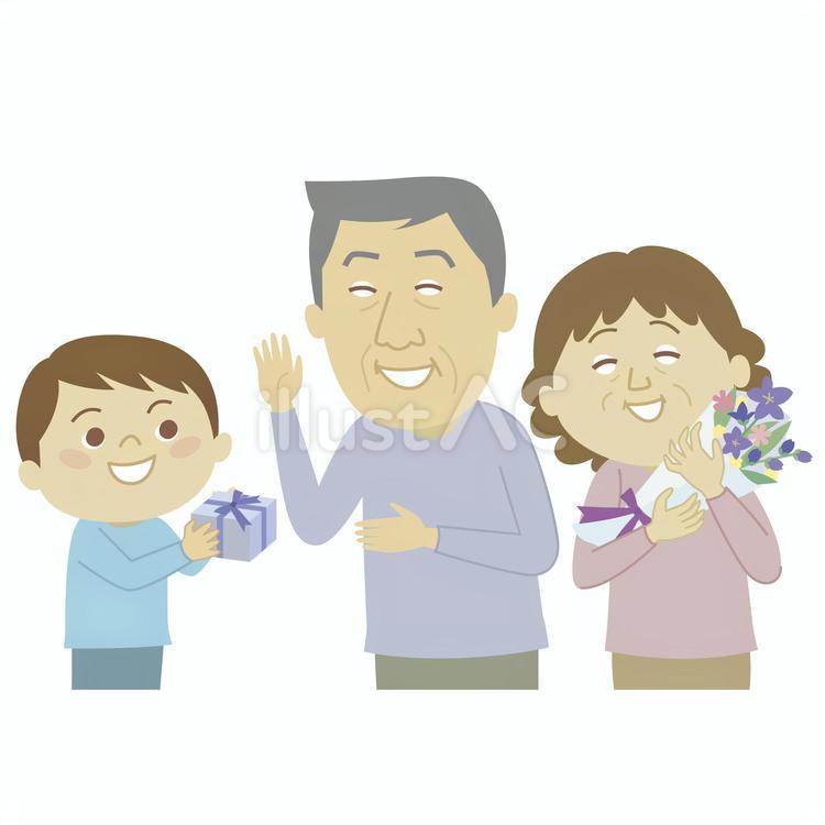 祖父母に贈り物をする孫（男の子） 日本人,家族,敬老の日のイラスト素材
