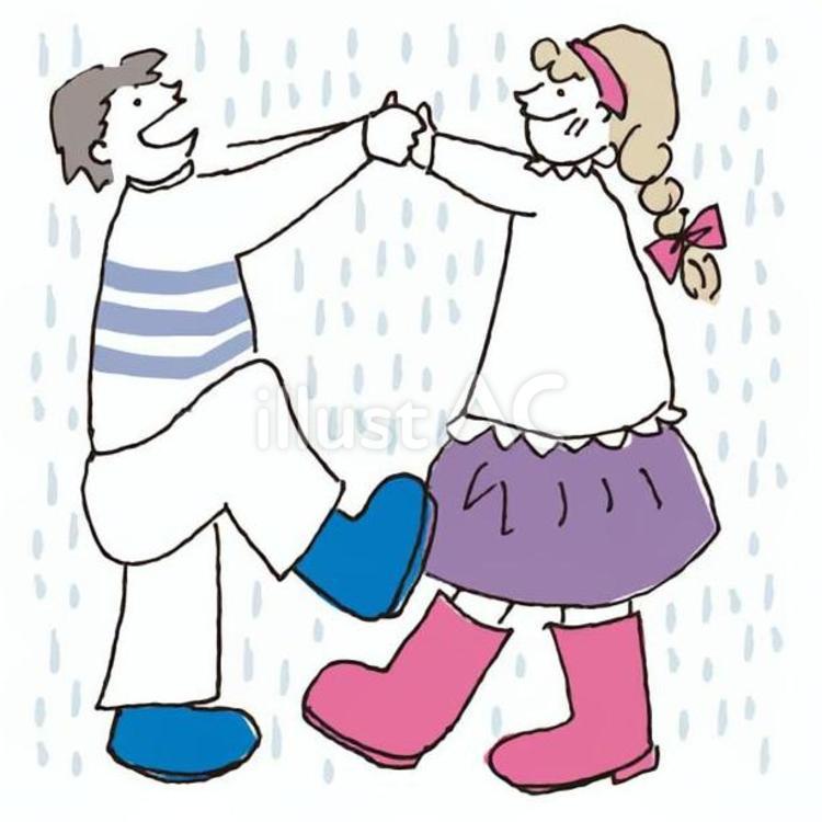 雨の中手を繋いで踊る子どもたち 梅雨,雨,子どものイラスト素材