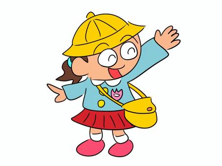 手を振る幼稚園児の女の子のイラスト 幼稚園,子ども,さようなら,バイバイ,女の子,園児,制服,帽子,かばん,元気のイラスト素材