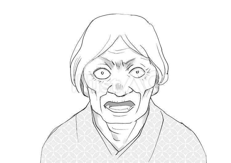 「お前あの祠を壊したんか！」おばあさん  老人,漫画,おばあさんのイラスト素材