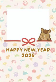 写真年賀状テンプレート馬と和柄と水引02 年賀状,馬,正月,午,2026,午年,お正月,かわいい,手描き,2026年のイラスト素材