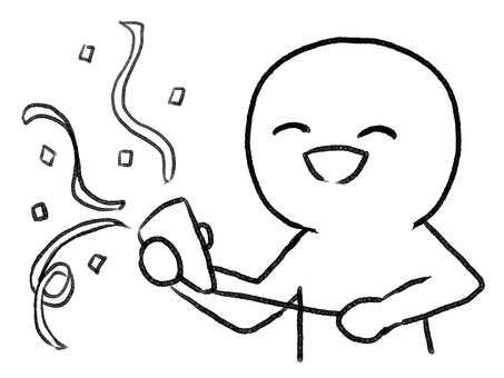 クラッカーを鳴らす棒人間線画 棒人間,人物,クラッカー,祝う,誕生日,クリスマス,手描き,落書き,表情,黒のイラスト素材