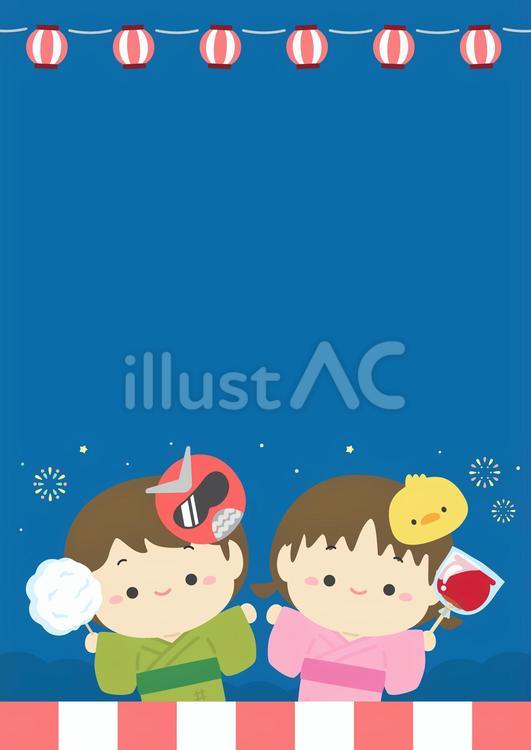 夏の花火や夏祭りの背景、浴衣のこども 夏祭り,花火,夏のイラスト素材