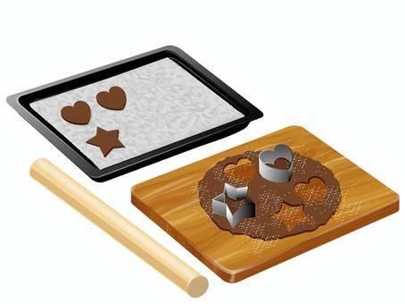 ココア生地の型抜きクッキー ココア生地の型抜きクッキー 型抜きクッキー,ココア生地,クッキー,お菓子作り,スイーツ,料理,食べ物,めん棒,まな板,天板のイラスト素材