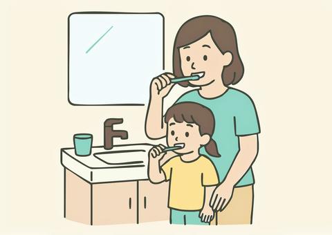 母親と娘が並んで歯磨きをしているイラスト 親,子,母親,娘,家族,人物,室内,洗面所,洗面台,子どものイラスト素材