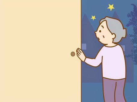 認知症　徘徊　外出しようとする 高齢者,徘徊,認知症,外出,夜間,グループホーム,家庭,老人ホーム,不安,福祉のイラスト素材