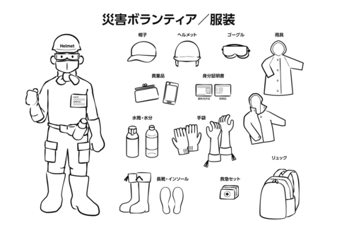 災害ボランィアの服装、線のみ02 災害,ボランティア,服装,線画,シンプル,帽子,ゴーグル,ゴム手袋,インソール,男性のイラスト素材