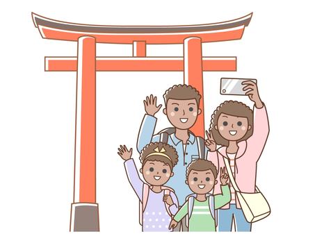 A black family taking a commemorative photo in front of the torii gate, JPG, PNG and AI A black family taking a commemorative photo in front of the torii gate, foreign tourists, tourist, foreigners visiting japan, JPG, PNG and AI