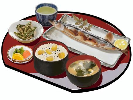 さんまの塩焼き定食A半月盆1栗（箸なし） 秋刀魚,塩焼き,栗ご飯,栗,半月盆,サンマ,さんま,焼サンマ,焼さんま,焼きさんまのイラスト素材