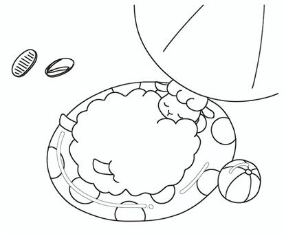 ひつじさんとビーチ（線画） ひつじ,ビーチパラソル,ビーチサンダル,ビーチボール,浮き輪,昼寝,干支,かわいい,ほのぼの,手描きのイラスト素材