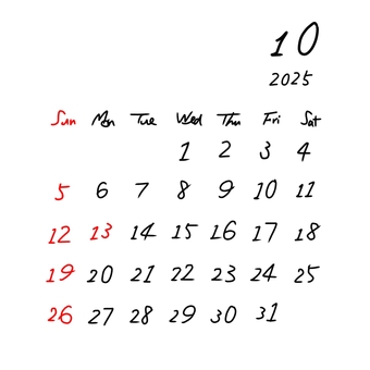 カレンダー2025.10月　祝日赤 2025,10月,10,カレンダー,ひと月,日曜始まり,シンプル,手描き,2025年,令和七年のイラスト素材