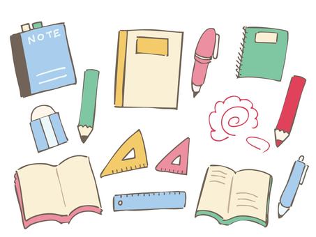 文房具のイラストセット 文房具,鉛筆,ノート,消しゴム,ペン,定規,三角定規,本,はなまる,赤色鉛筆のイラスト素材