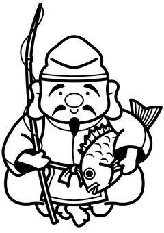 恵比寿天-1c 恵比寿,恵比寿天,神様,七福神,鯛,釣竿,烏帽子,狩衣,袴,福耳のイラスト素材