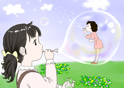 シャボン玉 シャボン玉,女の子,お花畑,青空,おさげ髪のイラスト素材