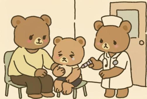 予防接種するキッズクマ 病院,診察,診察室,診療所,熊,ドア,予防接種,注射,ワクチン,痛いのイラスト素材