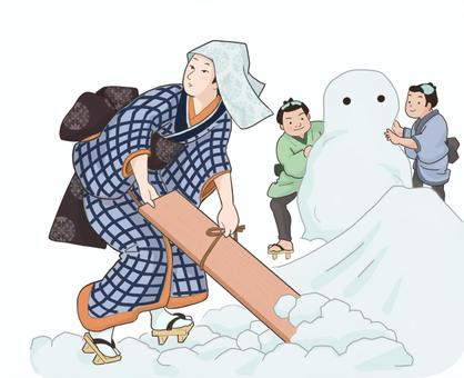 江戸時代　女性の雪かき　子供の雪遊び 江戸時代,雪かき,女性,着物,板,子供,雪だるま,遊びのイラスト素材