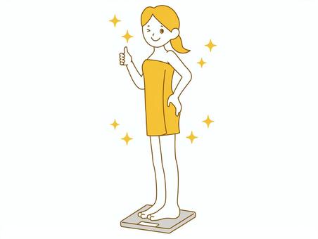 ダイエットのアフター　体重計 ダイエット,痩せる,スリム,減量,成功,体重計,体重測定,アフター,笑顔,喜ぶのイラスト素材