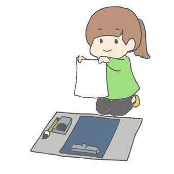 習字をする女の子② 女の子,人物,かわいい,ワンポイント,習字,習い事,書き初めのイラスト素材