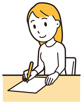  ロングヘア女性(黄)-543-全身 書く,女性,女の子,人物,かわいい,ペン,記入,チェック,若い,挿絵のイラスト素材