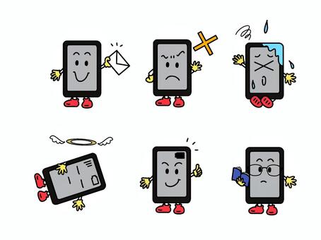 スマホ擬人化　手描きイラスト集　色つき スマホ,スマートフォン,擬人化,手描きイラスト,イラスト集,メール,充電切れ,充電済,水濡れ,禁止のイラスト素材