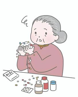 大量の薬に困惑する高齢女性 高齢者,多剤併用,ポリファーマシー,薬,大量,飲みすぎ,医療,問題,管理,おばあさんのイラスト素材