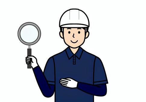 虫眼鏡で点検・調査・診断をする作業員男性 屋根職人,診断,メンテナンス,虫眼鏡,調べる,男性,ヘルメット,ポロシャツ,軍手,おまかせくださいのイラスト素材