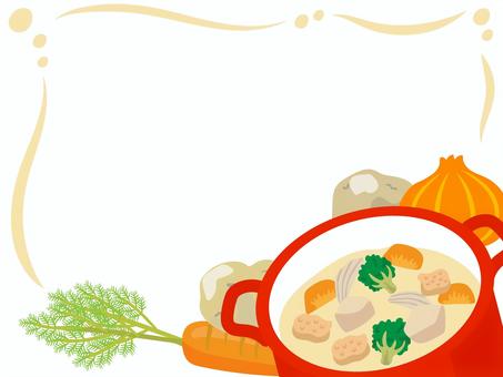 鍋に入ったクリームシチューのフレーム ホワイトシチュー,シチュー,フレーム,クリーム,鍋,牛乳,ルウ,乳製品,野菜,温かいのイラスト素材