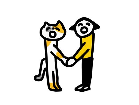 握手するネコと女性 ネコ,三毛猫,女性,握手,二人,挨拶,友情,ビジネス,商談,交流のイラスト素材