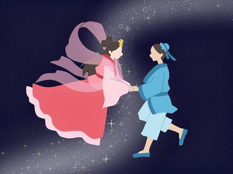 織姫と彦星 七夕,天の川,織姫,彦星,空,星,7月,初夏,乞巧節,牛郎のイラスト素材