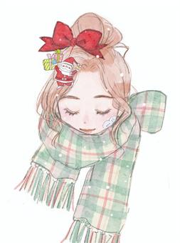 サンタを連れて(クリスマスを待つ日) 女性,女の子,きれい,可愛い,大人女子,大人可愛い,マフラー,リボン,クリスマス,サンタのイラスト素材