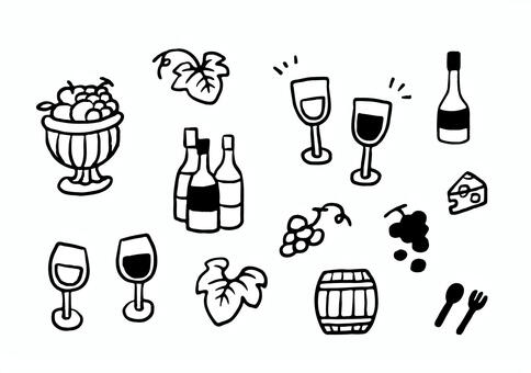 ワイン01　線 ワイン,ワイングラス,乾杯,チーズ,ぶどう,果物,樽,スプーン,フォーク,葉のイラスト素材