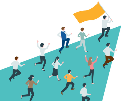 旗を掲げて走るリーダーと仲間 人物,会社員,サラリーマン,キャリアウーマン,ビジネスマン,ビジネスウーマン,走る,チーム,全身,前進のイラスト素材