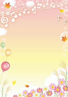 秋桜とすすきのふんわり秋音楽カード（縦） 秋,秋桜,花,キラキラ,フレーム,背景,カード,壁紙,コスモス,空のイラスト素材