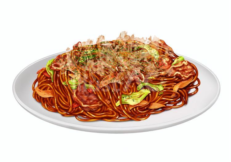 かつお節を乗せたソース焼きそば 焼きそば,麺類,食べ物のイラスト素材