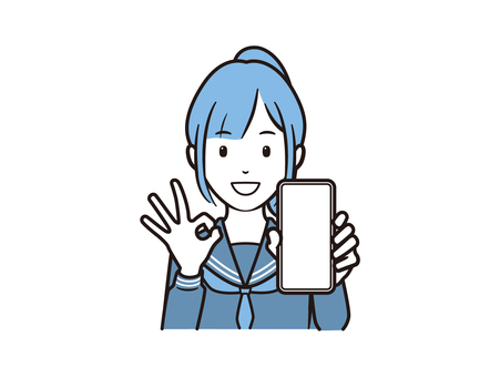 スマホ見せてOKサインをするセーラ服女子 スマホ,スマートフォン,携帯電話,学生,高校生,中学生,女子高生,セーラー服,学生服,okのイラスト素材