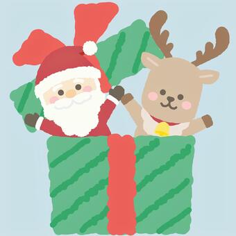 大きなプレゼントに入ったサンタとトナカイ サンタ,トナカイ,プレゼント,キャラ,かわいい,可愛い,カワイイ,主線,輪郭線,フチなしのイラスト素材