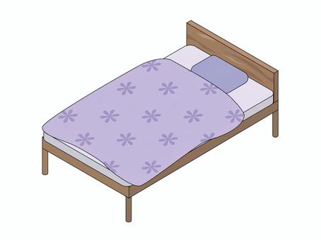 木製のベッドと紫の掛け布団 ベッド,家具,寝具,寝床,布団,掛け布団,木製,花柄,パープル,アイソメトリックのイラスト素材