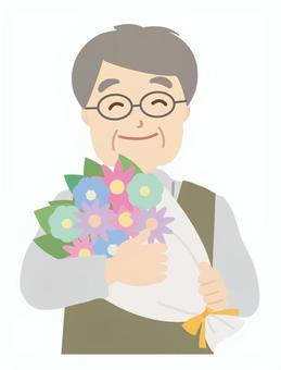 花束とおじいさん1 シニア男性,シニア,おじいさん,年寄り,男性,老人,正面,年配,高齢者,祖父のイラスト素材