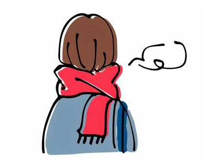 マフラーする人の後ろ姿 マフラー,上半身,人物,モノクロ,線画,線,制服,姿勢,手描き,装飾のイラスト素材