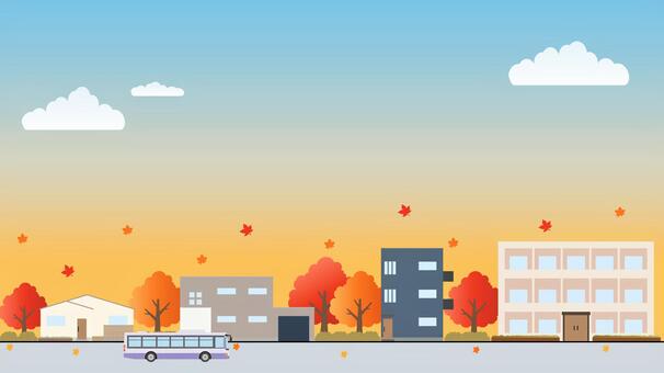 紅葉の秋の街並み背景 秋,秋背景,街並み,バス,建物,住宅,道路,青空,雲,木のイラスト素材