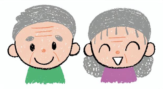 行事＿敬老の日_クレヨンの絵_祖父母 おじいちゃん,おばあちゃん,祖父母,シニア夫婦,敬老の日,老夫婦,祖父,祖母,クレヨン,落書きのイラスト素材