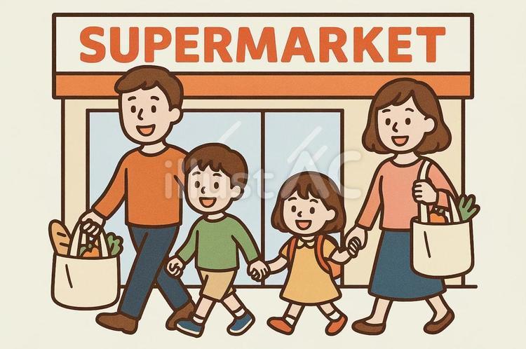 買い物をする家族 買い物,スーパー,エコバッグのイラスト素材