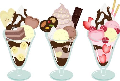 バレンタインパフェセット バレンタイン,パフェ,チョコレート,アイスクリーム,生クリーム,バナナ,いちご,ラズベリー,マカロン,ケーキのイラスト素材