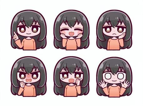 ロングヘア女の子表情ポーズ6種 デフォルメ,手書き,少女,女,女性,表情,かわいい,ロングヘア,ポーズ,ポーズ集のイラスト素材