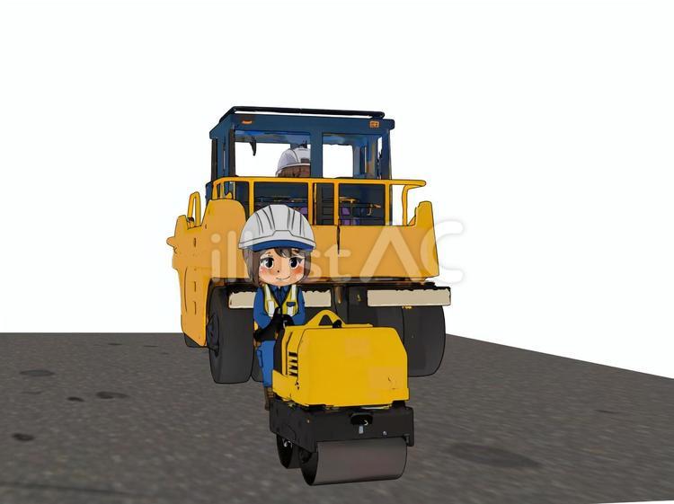 建設土木工事現場道路舗装建機死角の作業員 タイヤローラー,ハンドガイドローラ,危険のイラスト素材